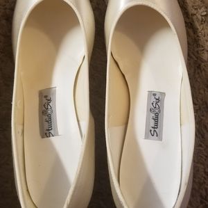 White satin 2" heel shoes